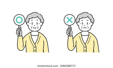 Upper body illustration of an elderly woman holding a circle and cross card