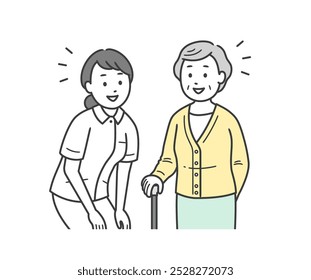 Upper body illustration of an elderly woman and a female nurse looking at each other and smiling while having a conversation