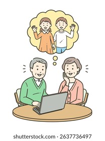 Upper body illustration of an elderly woman and an elderly man making a remote call with their grandchild on a laptop