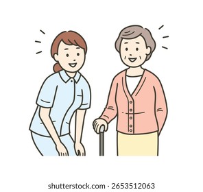 Upper body illustration of an elderly woman and a female nurse looking at each other and smiling while having a conversation