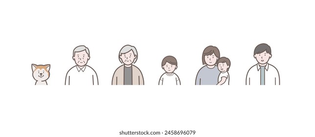 Upper body illustration of a family of two with a small child and a dog_Icon