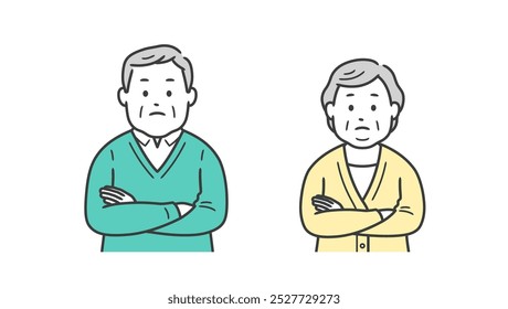 Upper body illustration of a fat elderly man and woman thinking with their arms folded