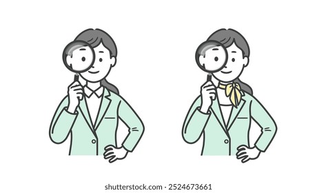 Ilustração do corpo superior de um homem de negócios feminino olhando com uma lupa