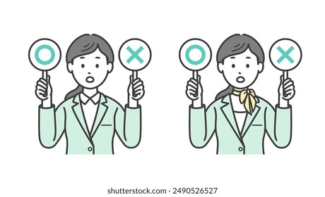 Upper body illustration of a female businessperson raising a circle and a cross