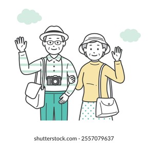 Upper body illustration of a friendly elderly couple having fun on a trip