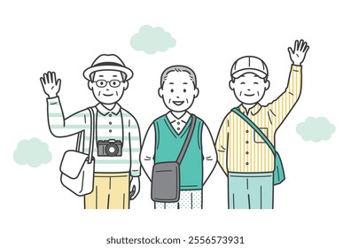 Upper body illustration of a friendly group of elderly men having fun on a trip