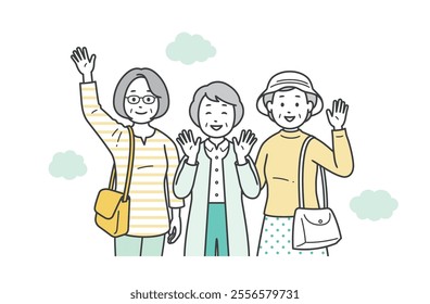 Upper body illustration of a friendly group of elderly women having fun on a trip