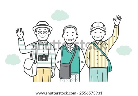 Upper body illustration of a friendly group of elderly men having fun on a trip