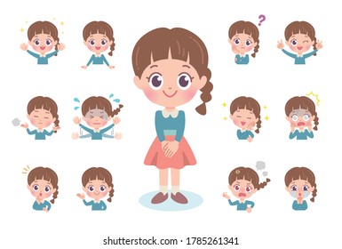 A Upper body illustration of a girl expressing various emotions.Vector art so easy to edit.