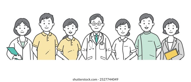 Ilustração da parte superior do corpo de um grupo de médicos, enfermeiros, cuidadores e gestores de cuidados que apoiam o bem-estar social local