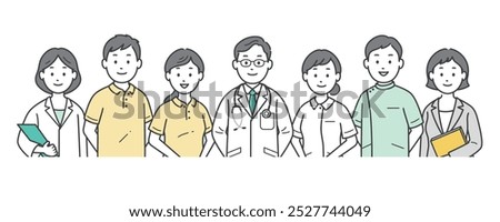 An upper body illustration of a group of doctors, nurses, caregivers, and care managers who support local social welfare