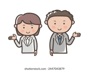 Upper body illustration of male and female businessmen giving explanations and guidance