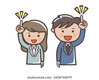 Upper body illustration of a male and female businessman pointing with an image of having an idea