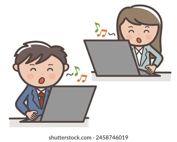 Upper body illustration of a male and female businessman happily working on a laptop while humming