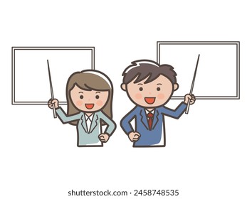 Upper body illustration of a male and female businessman explaining in a presentation