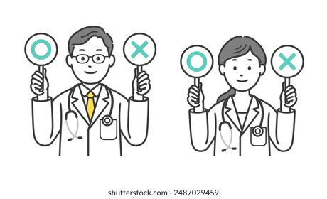 Upper body illustration of a male and female doctor raising a certificate