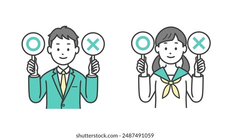 Upper body illustration of male and female students raising their round and round cards