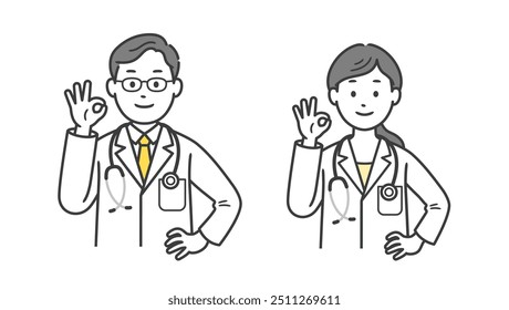 Upper body illustration of a male and female doctor making an OK pose and putting their hands on their hips