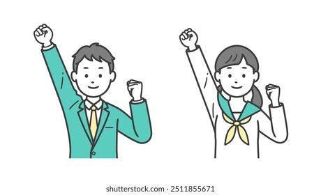 Upper body illustration of male and female students making a fist pump