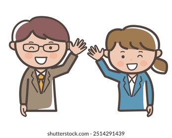 Upper body illustration of male and female businessmen, boss and subordinate image, greeting with a smile