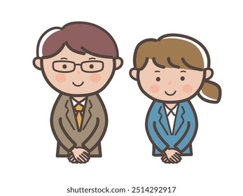 Upper body illustration of male and female businessmen in customer service poses, boss and subordinate image