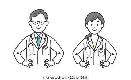 Upper body illustration of male and female doctors showing confidence with their hands on their hips