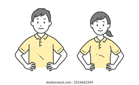 Upper body illustration of male and female caregivers showing confidence with their hands on their hips