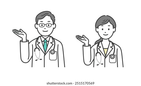 Ilustração do corpo superior de um médico masculino e feminino dando orientação