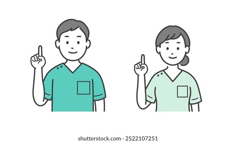 Ilustração do corpo superior de um dentista masculino e feminino apontando