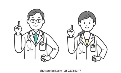 Upper body illustration of male and female doctors pointing