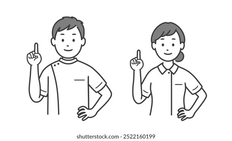 Upper body illustration of a male and female nurse pointing