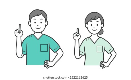 Upper body illustration of a male and female dentist pointing