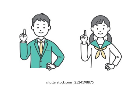 Upper body illustration of male and female students pointing