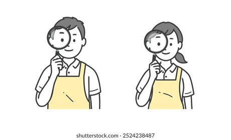 Upper body illustration of male and female caregivers holding magnifying glasses