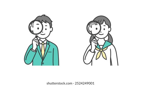 Upper body illustration of male and female students holding magnifying glasses