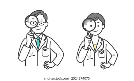 Ilustração do corpo superior de um médico macho e fêmea segurando uma lupa