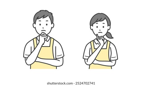 Upper body illustration of a male and female caregiver worried with their hands on their face