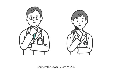 Upper body illustration of a male and female doctor with hands on worried faces