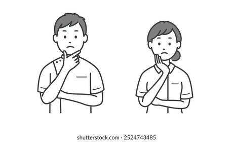 Ilustração de corpo superior de um enfermeiro masculino e feminino preocupado com suas mãos em seu rosto