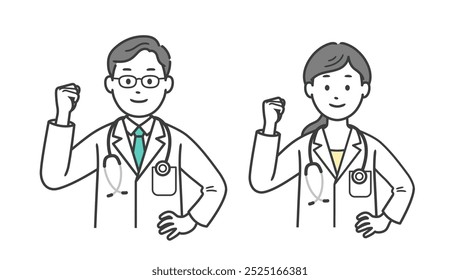 Ilustração do corpo superior de um médico do sexo masculino e feminino fazendo uma bomba de punho