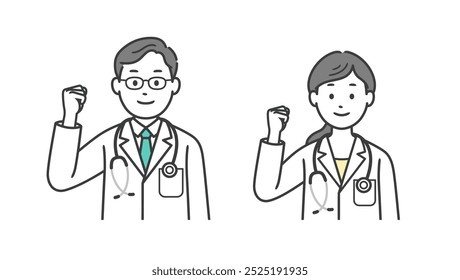 Upper body illustration of a male and female doctor doing a fist pump
