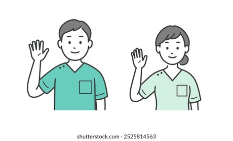 Upper body illustration of a male and female dentist raising one hand to greet