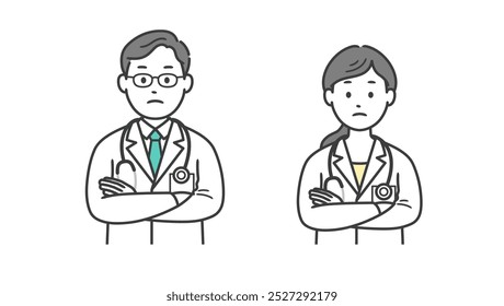 Upper body illustration of a male and female doctor thinking with arms folded