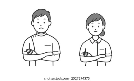 Ilustração do corpo superior de um enfermeiro masculino e feminino pensando com os braços dobrados