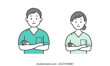 Upper body illustration of a male and female dentist thinking with their arms folded