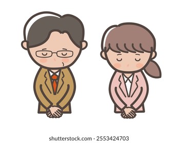 Upper body illustration of male and female businessmen in suits bowing their heads and apologizing_Boss and subordinate set