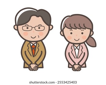 Upper body illustration of male and female businessmen in suits welcoming customers in customer service poses_Boss and subordinate set