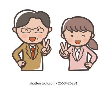 Upper body illustration of male and female businessmen in suits smiling and making peace signs_Boss and subordinate set