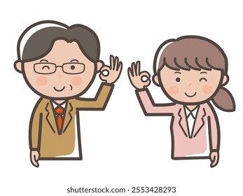 Upper body illustration of male and female businessmen in suits winking and saying OK_Boss and subordinate set