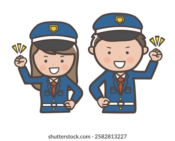 Upper body illustration of male and female security guards full of motivation with fist pump